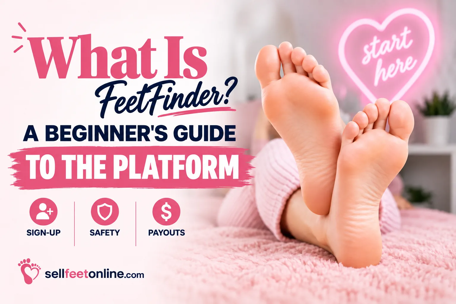 What is FeetFinder: a beginner guide to the platform, with sign-up, safety and payouts, on a pink background