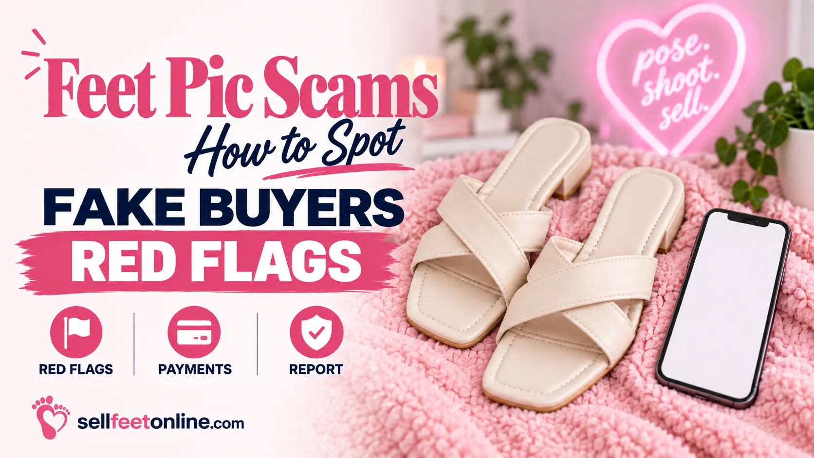 Feet pic scams cover: how to spot fake buyers, with red flags, payments and report icons next to cream sandals and a phone on a pink blanket