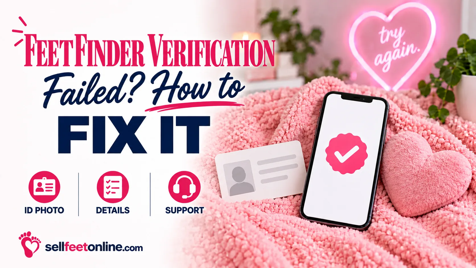 FeetFinder verification failed guide cover: phone with a verified checkmark, ID card and heart pillow on a pink blanket