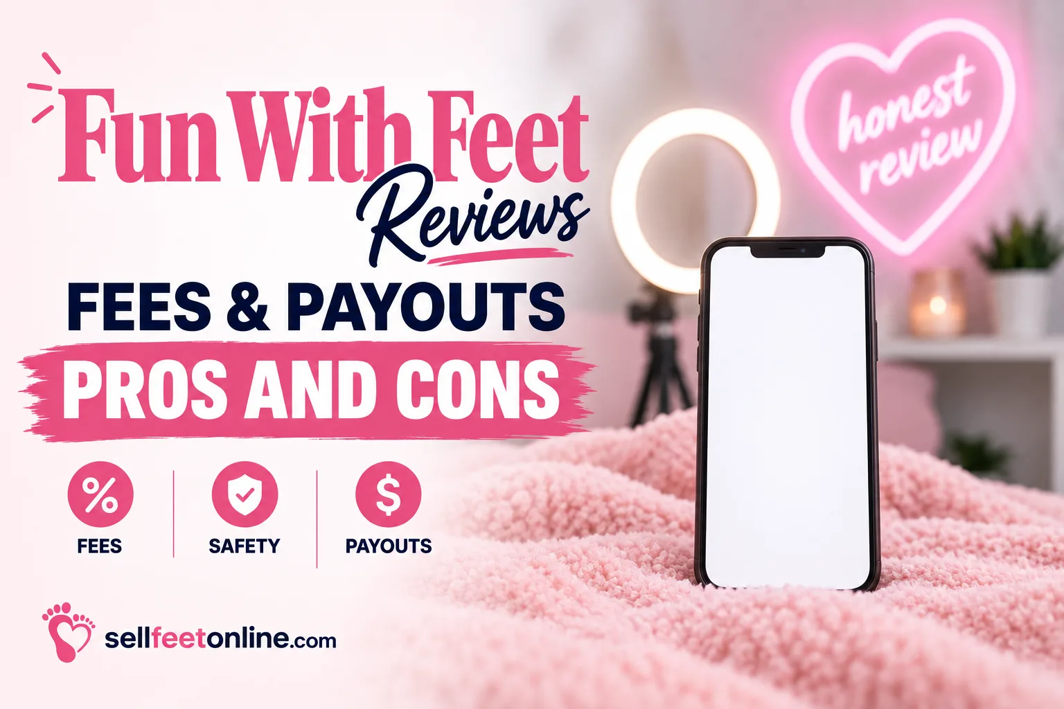 Fun With Feet reviews: fees and payouts, pros and cons, with a phone and ring light on a pink blanket