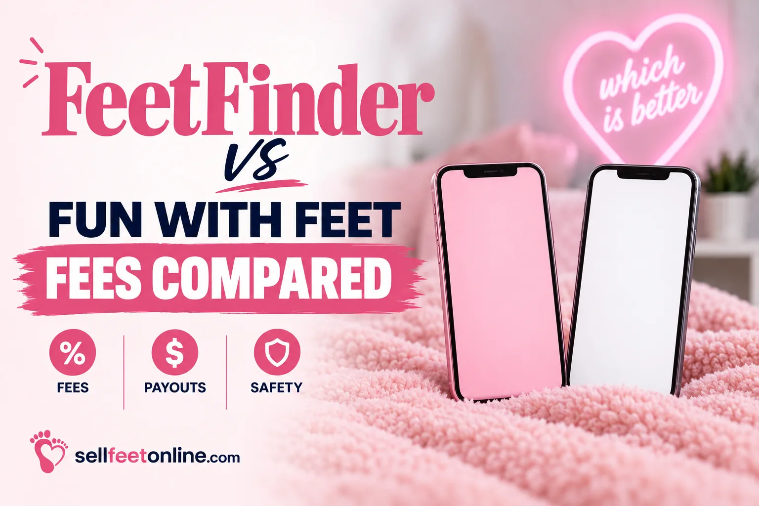 FeetFinder vs Fun With Feet: fees compared, with two phones on a pink blanket