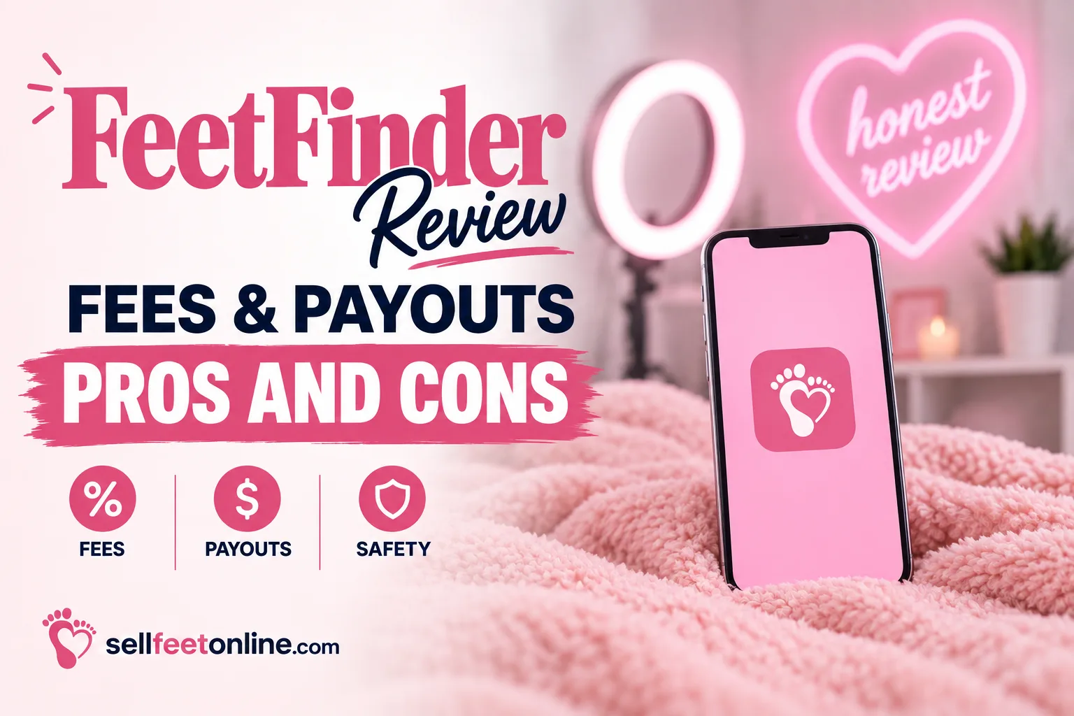 FeetFinder review: fees, payouts, pros and cons, with a phone and ring light on a pink blanket