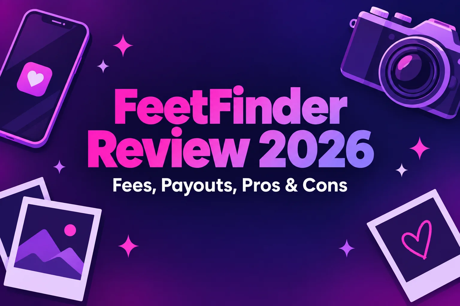 FeetFinder Review 2026 - fees, payouts, pros and cons card with phone, camera and photo frames on a plum background