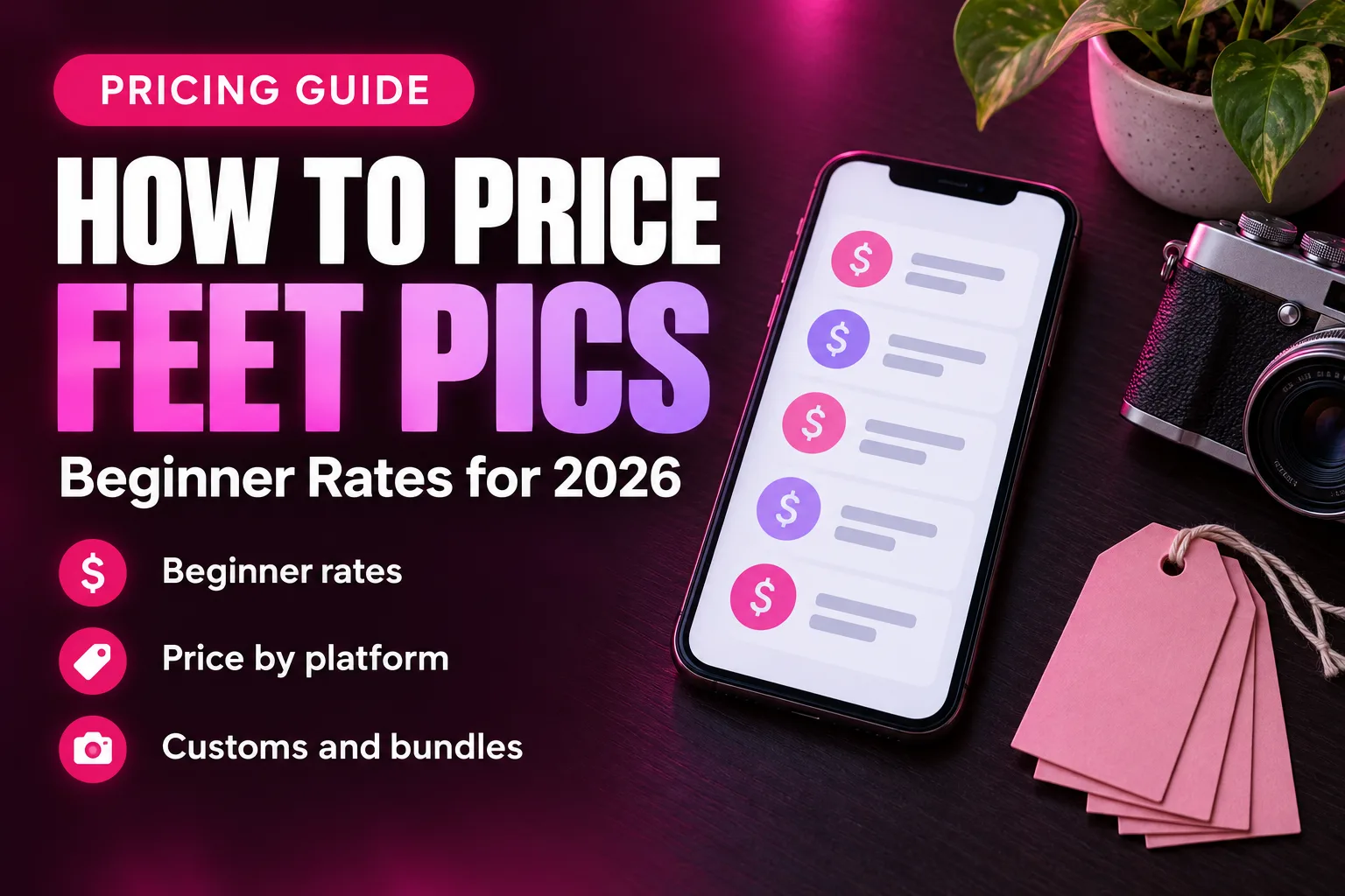 Illustrated pricing guide card for how to price feet pics, with a phone showing price tiers, price tags and a camera on a pink and plum background