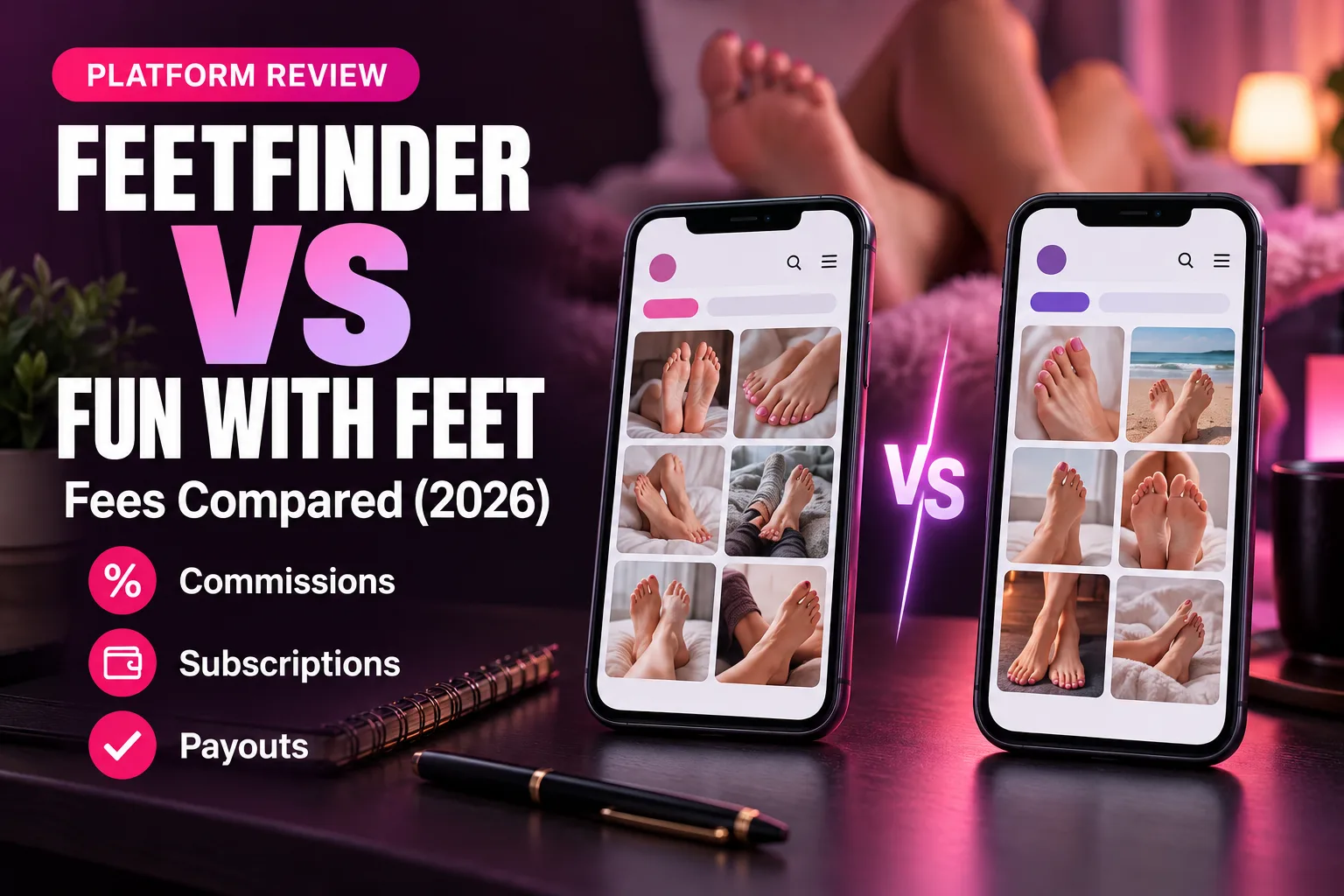 FeetFinder vs Fun With Feet fees compared, two phones showing marketplace apps side by side with a pink versus divider on a plum background