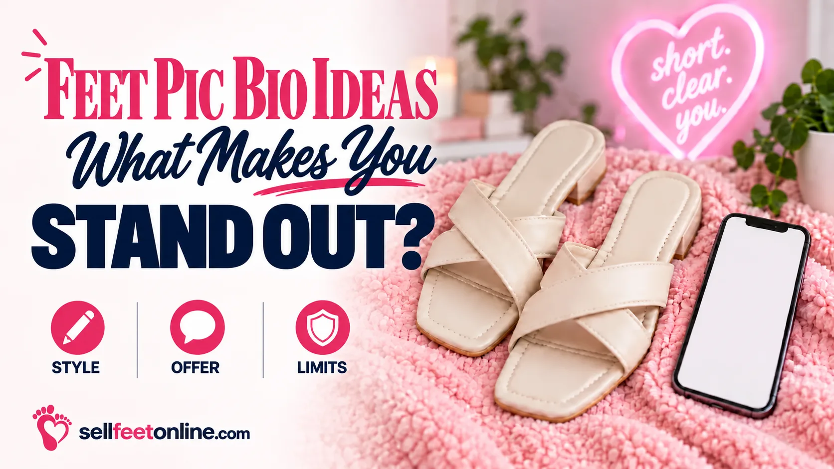 Feet pic bio ideas cover: what makes you stand out, with style, offer and limits icons next to cream sandals and a phone on a pink blanket