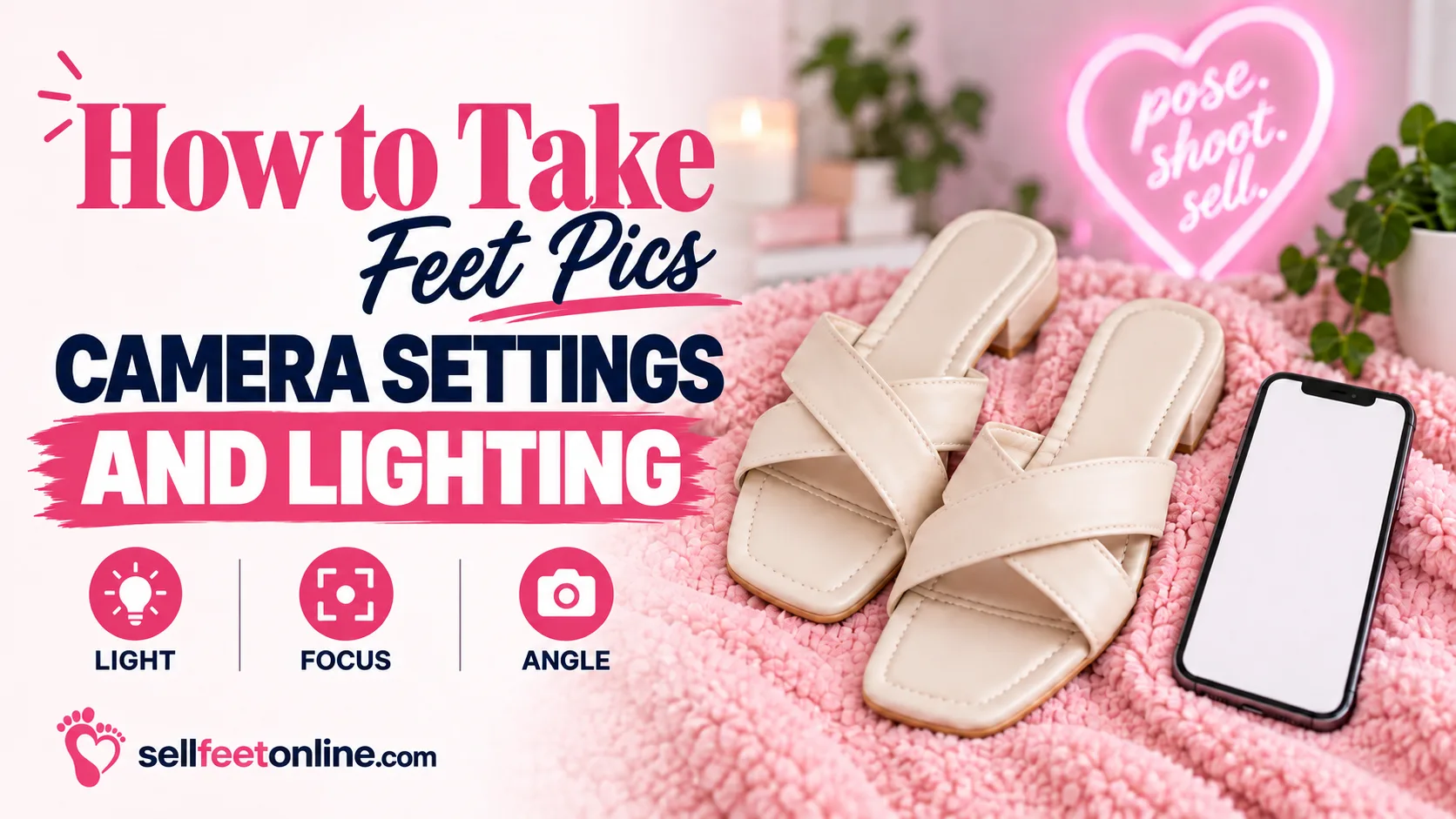 How to take feet pics cover: camera settings and lighting, with light, focus and angle icons next to cream sandals and a phone on a pink blanket