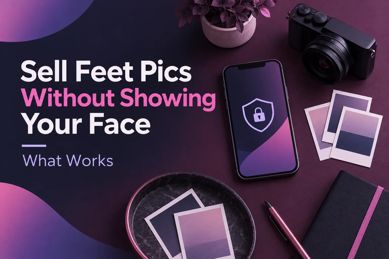Illustrated faceless selling guide with privacy shield, phone and camera on a plum background