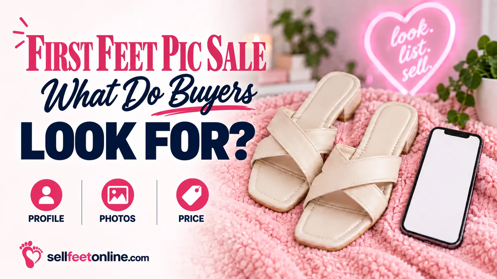 First feet pic sale cover: what do buyers look for, with profile, photos and price icons next to cream sandals and a phone on a pink blanket