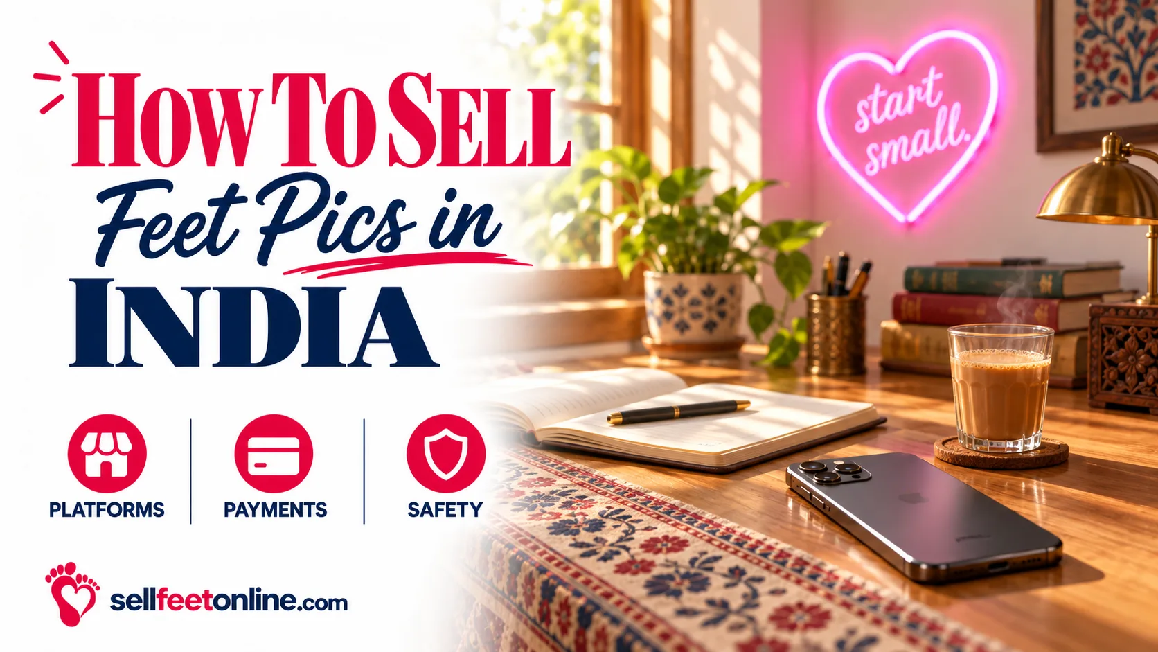 How to sell feet pics in India cover: title with a smartphone, notebook and a glass of chai on a wooden study desk, pink neon heart and sellfeetonline.com logo
