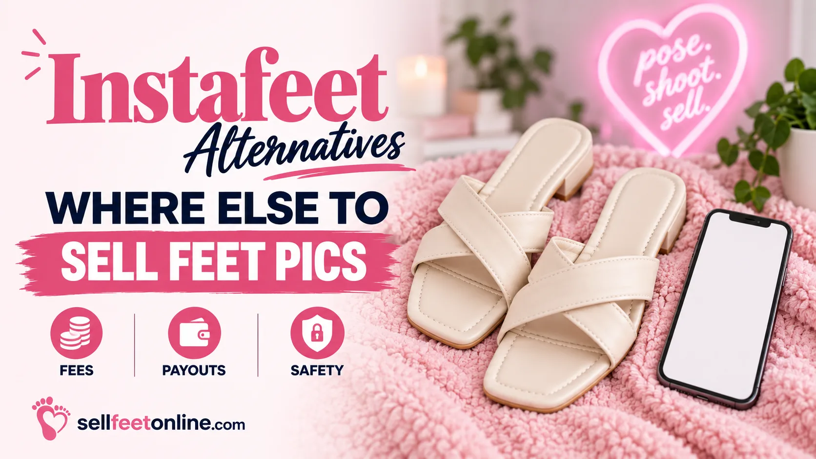 Instafeet alternatives cover: where else to sell feet pics, with fees, payouts and safety icons next to cream sandals and a phone on a pink blanket
