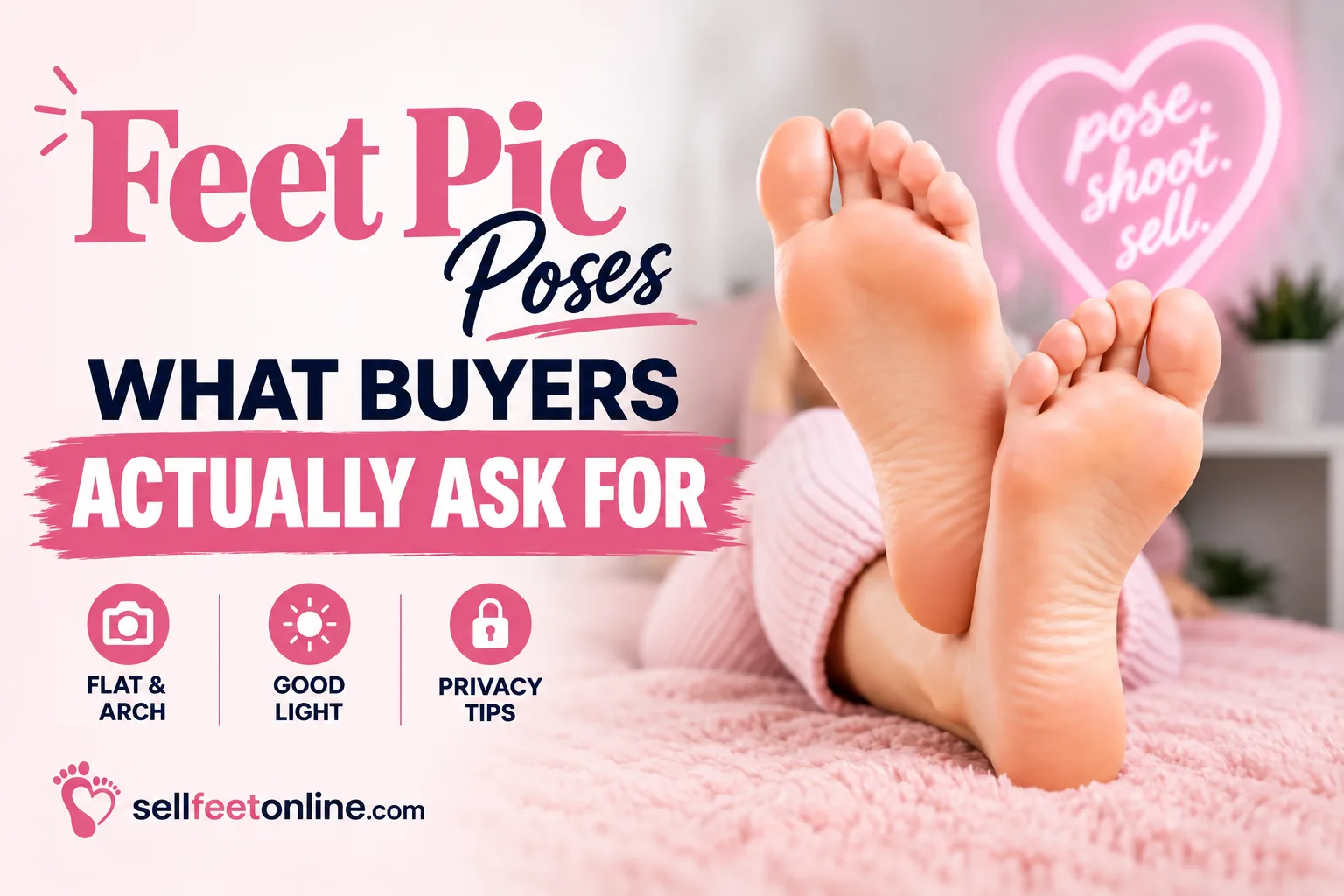 Feet pic poses guide cover: what buyers actually ask for, with flat, arch and privacy tips on a pink blanket background
