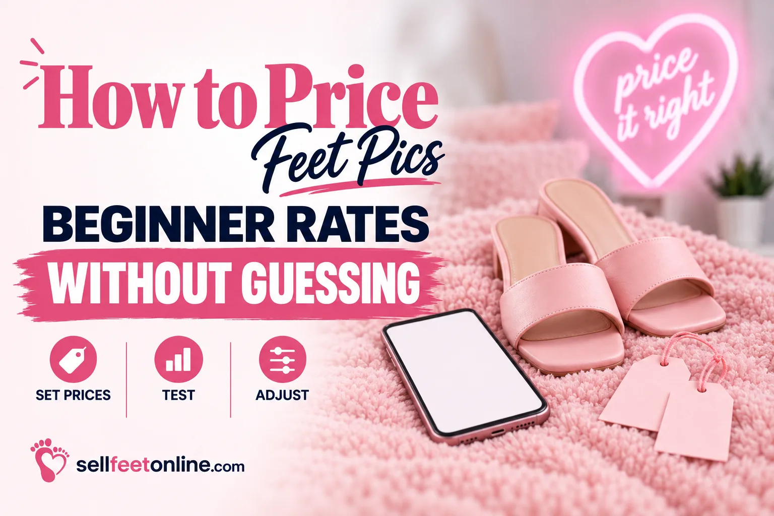 How to price feet pics: beginner rates without guessing, with price tags, sandals and a phone on a pink blanket